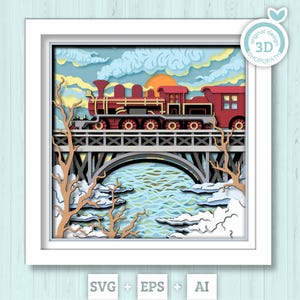 3D SVG Winter Zug auf Brücke Schattenbox, Zug Schattenbox, Layered Winter 3d svg, Brücke 3D svg, Winter Shadow Box 3d svg Cricut Silhouette