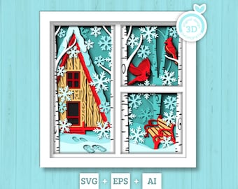 3D SVG Winter Shadow Box, Layered Cardinal Shadow Box Svg, Snowflakes 3D Svg, Birch Forest 3d Svg Christmas Shadow Box svg Cricut Silhouette