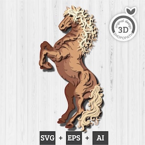 Caballo encabritado en capas en formato SVG 3D, granja en formato SVG 3D, otoño en formato SVG 3D, cosecha en formato SVG 3D, animales de granja cortados con láser, caballo en formato SVG 3D para Cricut