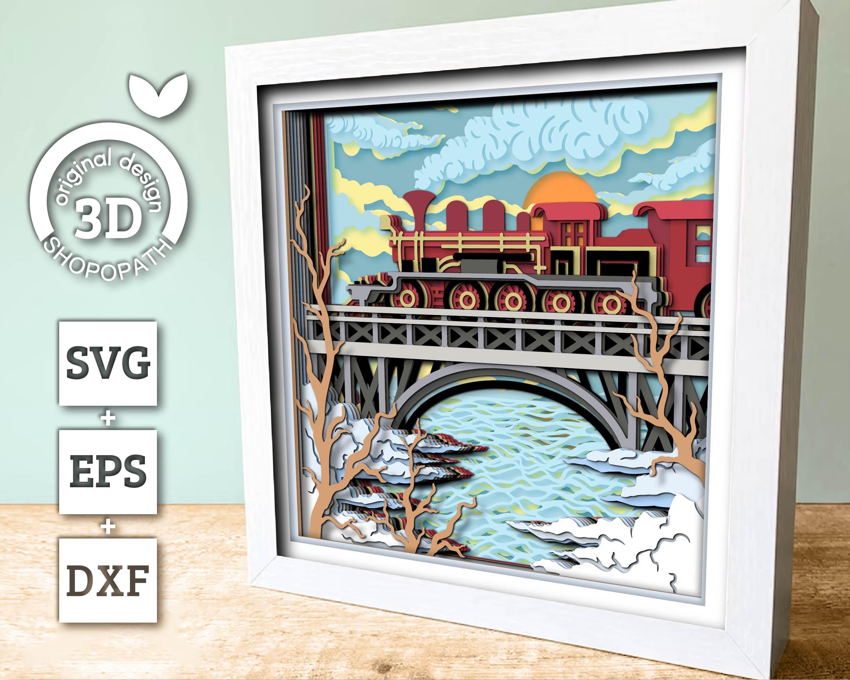 Winter Train on Bridge - 3D Shadow Box Layered SVG DXF EPS (cutting ...