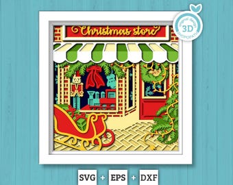 Christmas Store with Santa's Sleigh - 3D Shadow Box Layered SVG DXF EPS (Cutting Files)