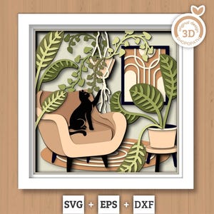 Habitación Boho con Gato - Caja de Sombras 3D en Capas SVG DXF EPS (Archivos de Corte)