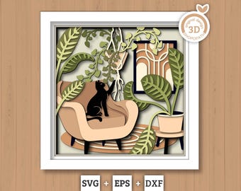 Boho Room with Cat - 3D Shadow Box Layered SVG DXF EPS (Cutting Files)