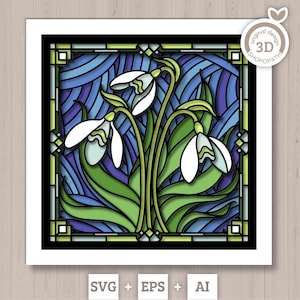 3D SVG vitrail perce-neige fleurs Shadow Box, svg fleurs 3D, vitrail floral 3D papercut, Shadow Box svg, Silhouette Cricut