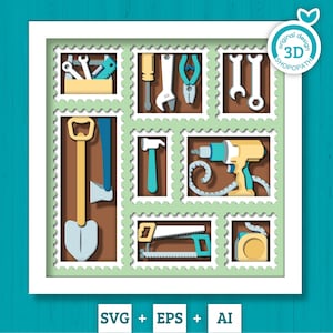 May include: A white frame with a green border surrounds a collection of tools in individual compartments. The tools include a shovel, a hammer, a saw, a drill, a wrench, pliers, and a measuring tape. The tools are all in a flat, cartoon style.