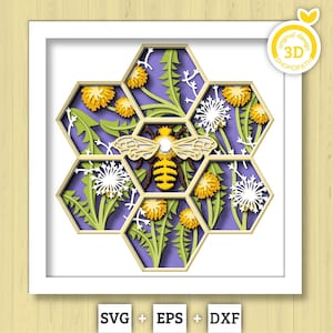 タンポポと蜂の六角形パネル - 3DシャドウボックスレイヤーSVG DXF EPS（カッティングファイル）