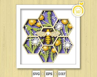 Bee With Dandelions Hexagon Panels - 3D Shadow Box Layered SVG DXF EPS (Cutting Files)