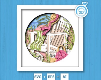 3D Layered Beach Chair SVG PDF EPS, Sea Wave Shadow Box, Lounge Chairs on The Beach 3D Svg, Summer 3d Svg, Seashells svg, Cricut Silhouette