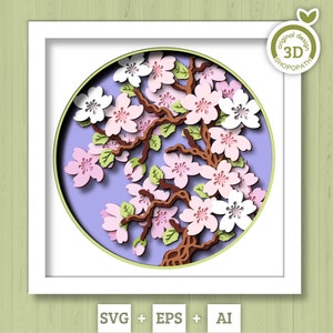 Caixa de Sombra 3D com Ramo de Flor de Cerejeira SVG, 3D Primavera SVG, 3D Flor de Cerejeira SVG, Flores de Sakura 3D SVG, 3D Floral SVG, Silhueta Cricut