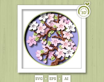3D Cherry Blossom Branch Shadow Box SVG, 3D Spring SVG, 3D Cherry Blossom svg, Sakura Tree Flowers 3d Svg, 3D Floral SVG, Cricut Silhouette