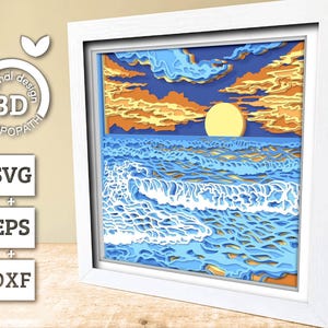 Beach Sunset With Waves - 3D Shadow Box Layered SVG DXF EPS (cutting ...