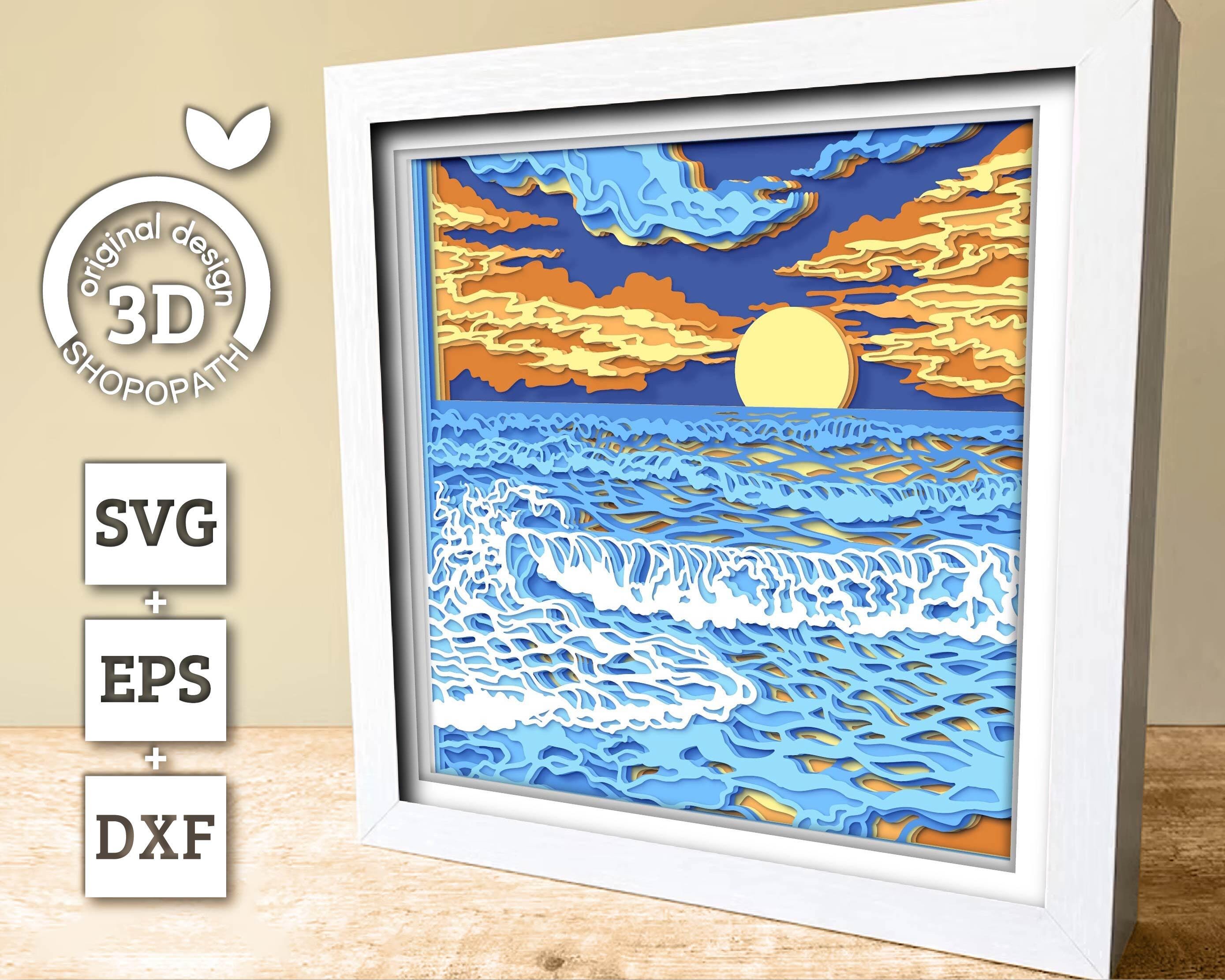 Beach Sunset With Waves - 3D Shadow Box Layered SVG DXF EPS (cutting ...