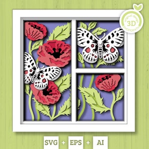 Caixa de sombra de borboleta 3D SVG, flores de papoula em camadas SVG, caixa de sombra de primavera, Apollo 3D Svg, papoulas Svg, Floral Papercut svg Cricut Silhouette