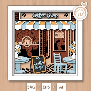 Caixa de sombra de cafeteria 3D SVG, café com leite 3D Svg, cafeteria 3d Svg, caixa de sombra de café, flores em camadas de corte de papel svg, silhueta de Cricut