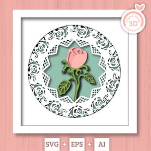 3D geschichtete Rose Knospe mit Spitzenrahmen SVG EPS, Hochzeitsstrauß 3d svg, Floral Shadow Box, Rose 3D svg Braut geschichteter Papierschnitt svg, Cricut