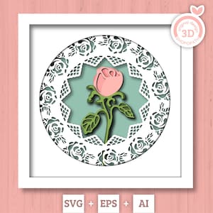 3D Layered Rose Bud with Lace Frame SVG EPS, Wedding Bouquet 3d Svg, Floral Shadow Box, Rose 3D Svg Bridal Layered Papercut svg, Cricut