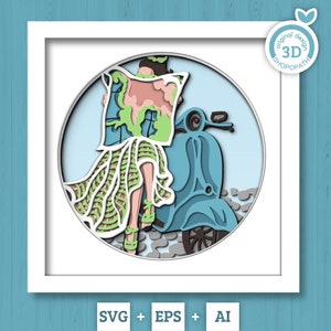 3D-Schichten Urlaub SVG PDF EPS, Vespa Shadow Box, Reise 3D-Svg, Weltkarte 3D-Svg, Sommer Schicht-Svg, Cricut Silhouette