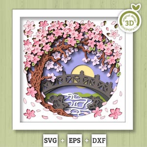 Spring Blossom Tree Bridge - 3D Shadow Box Layered SVG DXF EPS (Cutting Files)