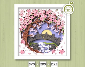 Spring Blossom Tree Bridge - 3D Shadow Box Layered SVG DXF EPS (Cutting Files)