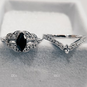 1930er Jahre Vintage 2.0 CT Schwarz Marquise Diamant Verlobungsring Ehering Set In 925 Sterling Silber, antiker Verlobungsring, Brautring Set