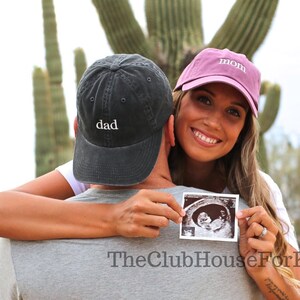 Pregnancy Announcement Hats, Mom and Dad Hats Set of 2, Gender Reveal Hats, Pigment Dyed Baseball Caps, Party Favors, Party Supplies