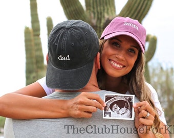 Pregnancy Announcement Hats, Mom and Dad Hats Set of 2, Gender Reveal Hats, Pigment Dyed Baseball Caps, Party Favors, Party Supplies
