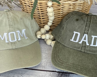 Mom and Dad Baseball Caps, Pregnancy Announcement EMBROIDERED Hat, Pigment Dyed Baseball Cap, Baby Reveal Photo Shoot Hat, Set of 2 Caps