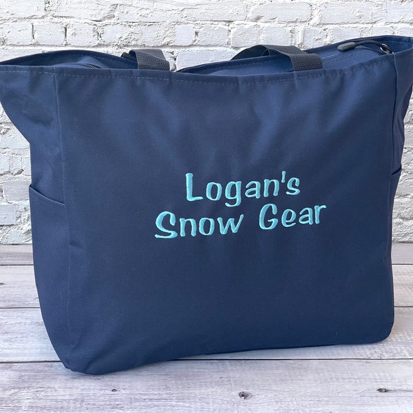 Snow Gear Tote Bag, Embroidered Bag, Navy Tote Bag, Personalized Tote Bag with Zipper, Kids Travel Bag, Daycare Bag, Diaper Bag, Pet Tote