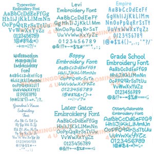 Puede incluir: Una imagen digital que muestra diez estilos de fuente de bordado diferentes. Cada estilo de fuente se muestra en un cuadro separado con el nombre del estilo de fuente en la parte superior. Los estilos de fuente incluyen Typewriter, Levi, Empire, Watermelon Margarita, Boppy, Grade School, Grandma's House, Later Gator y Otterly Adorable. Las fuentes se muestran en azul claro sobre un fondo blanco.