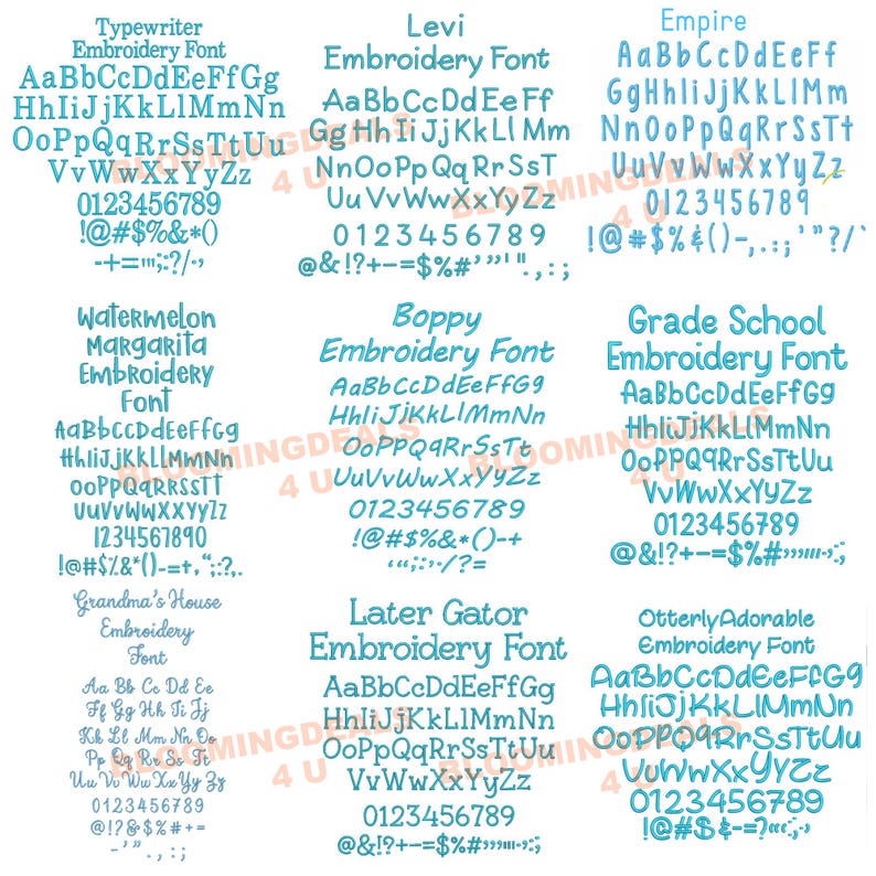 Puede incluir: Una imagen digital que muestra diez estilos de fuente de bordado diferentes. Cada estilo de fuente se muestra en un cuadro separado con el nombre del estilo de fuente en la parte superior. Los estilos de fuente incluyen Typewriter, Levi, Empire, Watermelon Margarita, Boppy, Grade School, Grandma's House, Later Gator y Otterly Adorable. Las fuentes se muestran en azul claro sobre un fondo blanco.