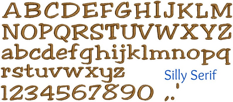 Puede incluir: Un alfabeto de fuente marr&oacute;n con letras may&uacute;sculas y min&uacute;sculas, n&uacute;meros y signos de puntuaci&oacute;n. La fuente se llama "Silly Serif".