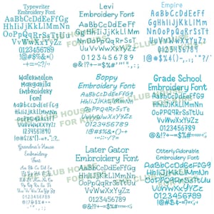 May include: A digital image displaying ten different embroidery font styles. Each font style is shown with the alphabet, numbers, and punctuation marks. The fonts are all in a turquoise blue colour.