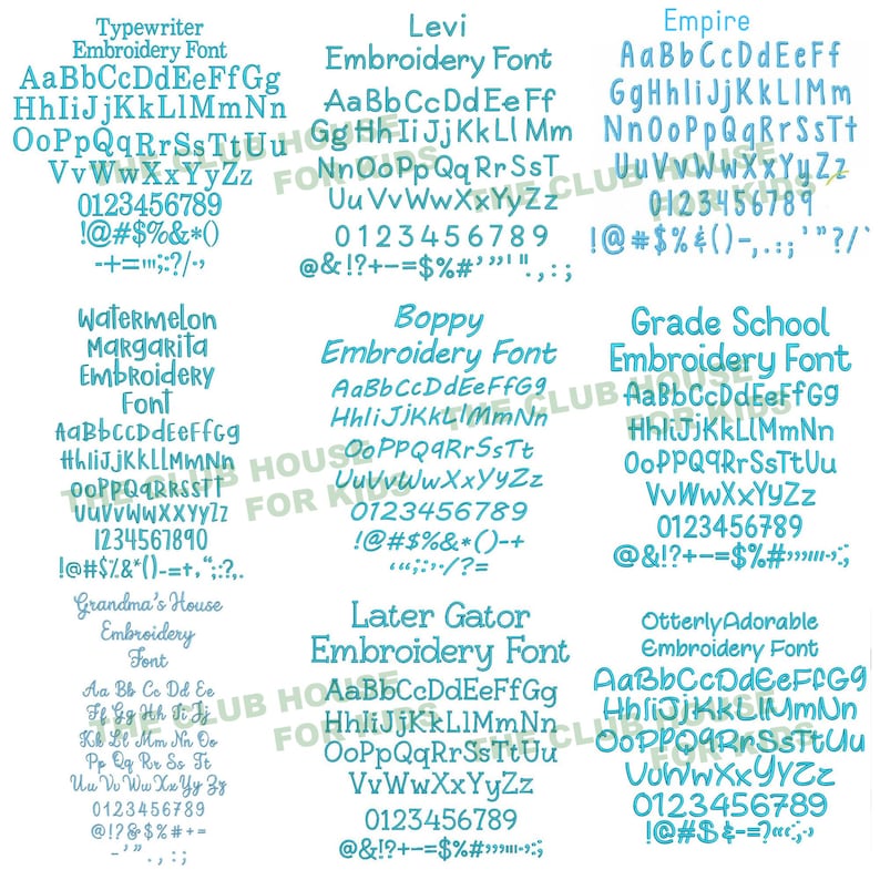 May include: A digital image displaying ten different embroidery font styles. Each font style is shown with the alphabet, numbers, and punctuation marks. The fonts are all in a turquoise blue colour.