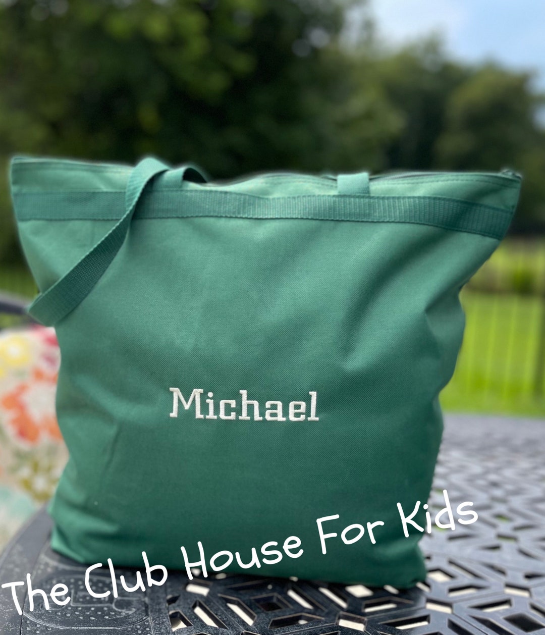 Green Daycare Tote Bag, Personalized Tote Bag With Zipper, Kids Travel
