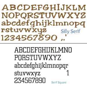 May include: Two font styles, "Silly Serif" and "Serif Square", are displayed in brown and black. The fonts include uppercase and lowercase letters, numbers, and punctuation marks.