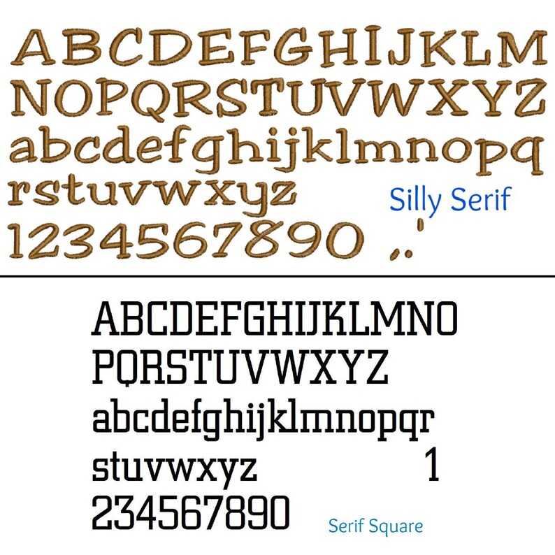 May include: Two font styles, "Silly Serif" and "Serif Square", are displayed in brown and black. The fonts include uppercase and lowercase letters, numbers, and punctuation marks.