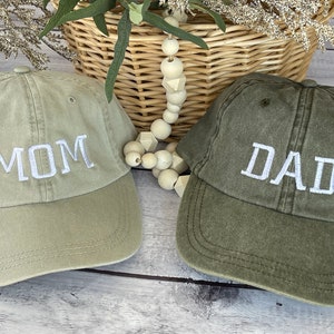 Mom and Dad Baseball Caps, Pregnancy Announcement EMBROIDERED Hat, Pigment Dyed Baseball Cap, Baby Reveal Photo Shoot Hat, Set of 2 Caps