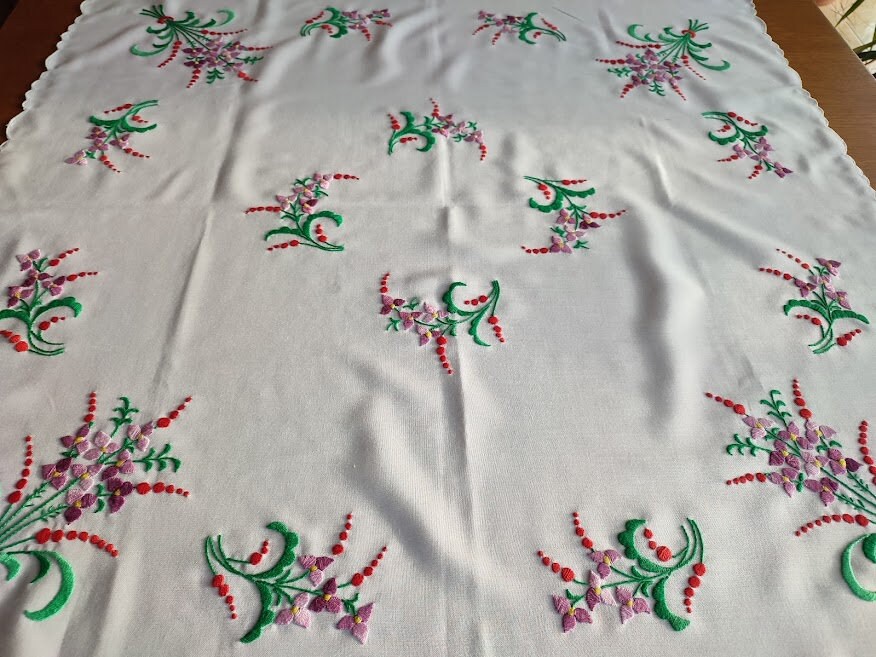 Hand embroidered tablecloth with violet Hand embroidered  vintage decor