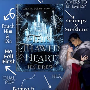 May include: Book cover for "This Thawed Heart" by Jes Drew, a Romeo & Juliet retelling. The cover features a castle, a couple, and text including "Enemies to Lovers," "Grumpy x Sunshine," and "No Spice Romance." The color scheme is primarily blue and white.