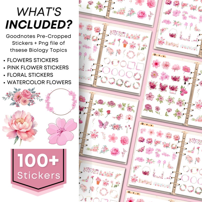 Pink Floral Digital Sticker Book for Goodnotes, PNG Digital Stickers ...