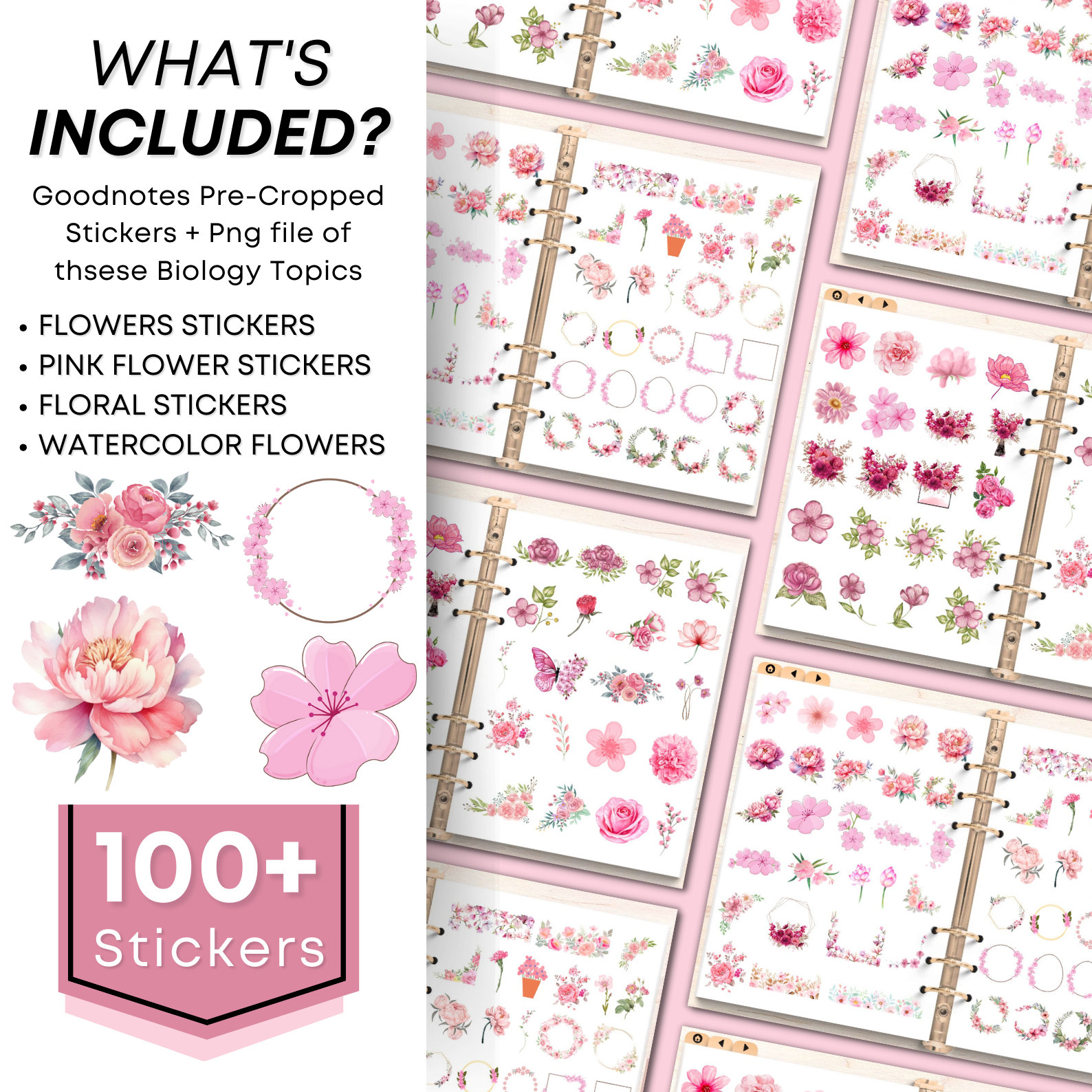 Pink Floral Digital Sticker Book for Goodnotes, PNG Digital Stickers ...