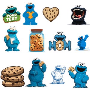 Pode incluir: Uma cole&ccedil;&atilde;o de ilustra&ccedil;&otilde;es de desenhos animados com o personagem Monstro das Bolachas. As imagens incluem o Monstro das Bolachas segurando biscoitos, um pote de biscoitos e um biscoito em forma de cora&ccedil;&atilde;o. Uma imagem tem o texto "YOUR TEXT".