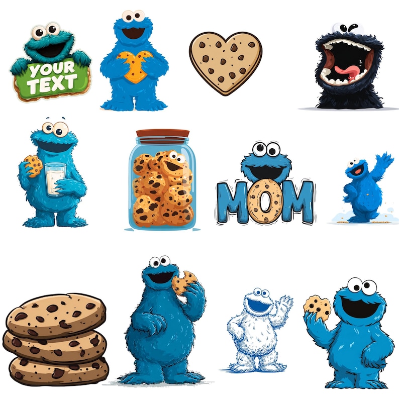 Pode incluir: Uma cole&ccedil;&atilde;o de ilustra&ccedil;&otilde;es de desenhos animados com o personagem Monstro das Bolachas. As imagens incluem o Monstro das Bolachas segurando biscoitos, um pote de biscoitos e um biscoito em forma de cora&ccedil;&atilde;o. Uma imagem tem o texto "YOUR TEXT".