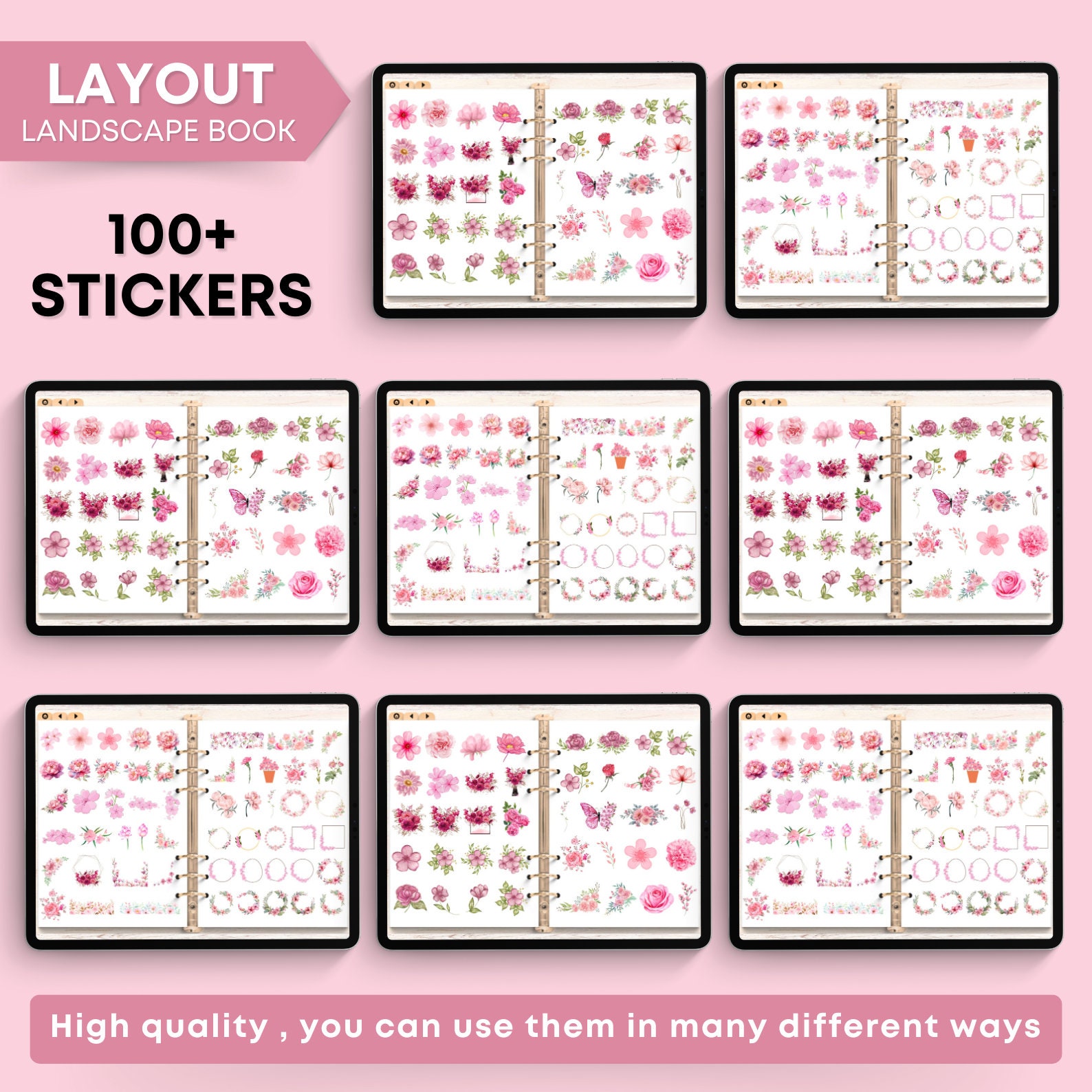 Pink Floral Digital Sticker Book for Goodnotes, PNG Digital Stickers ...