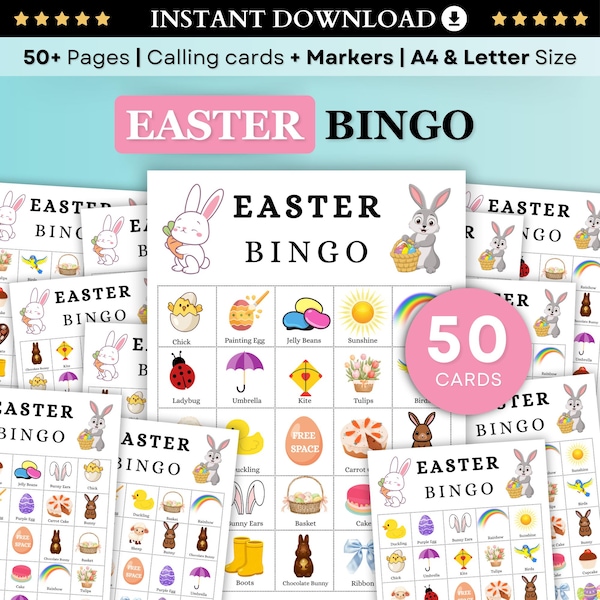 Easter Bingo, 50 Printable Easter Bingo Cards, Easter Activity For Kids, Kids Easter Party Game, Easter Classroom Activity, Easter Game