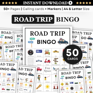 Jogo de Bingo para Viagem de Carro para Imprimir – 50 Cartões de Viagem para Crianças e Adultos, Atividade de Passeio de Carro, Jogo de Férias em Família