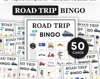 Road Trip Bingo Game Printable – 50 Travel Cards for Kids & Adults, Car Ride Activity, Family Vacation Game