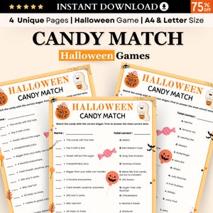 Halloween Candy Match Game, Halloween Trivia, Halloween Party Games Printable, Halloween Game For Kids Teens Adult, Halloween Quiz Classroom