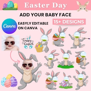 Może przedstawiać: Pakiet 15 cyfrowych, drukowalnych wzorów królików wielkanocnych z pustymi twarzami do dodania zdjęcia dziecka. Wzory przedstawiają króliki trzymające koszyki z jajkami, malujące jajka i trzymające koszyk z jajkami. Tekst "Easter Day" i "Add Your Baby Face" znajduje się w górnej części obrazu. Tekst "Easily Editable on Canva" i "15+ Designs" znajduje się w dolnej części obrazu.