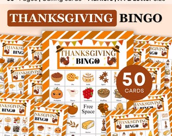 May include: Thanksgiving Bingo game set with 50 cards, calling cards, and markers. The design features a festive orange and brown color scheme with illustrations of Thanksgiving-themed items like pumpkins, pies, and turkeys. The text "Thanksgiving Bingo" is prominently displayed.